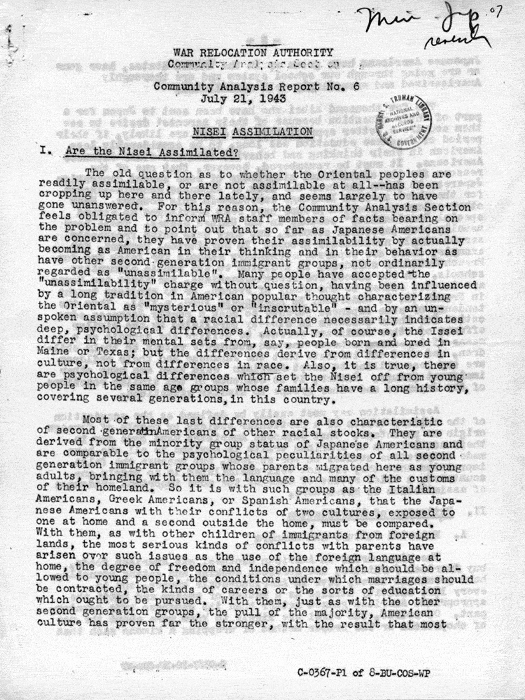 Memorandum, Nisei Assimilation, July 21, 1943. Papers of Philleo Nash. 