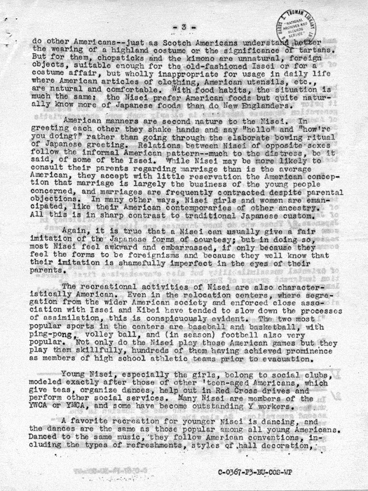 Memorandum, Nisei Assimilation, July 21, 1943. Papers of Philleo Nash. 