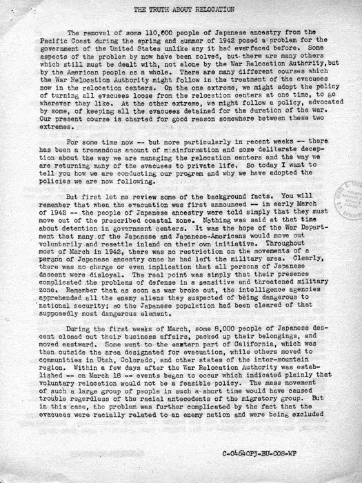 Speech, The Truth About Relocation, by Dillon S. Myer to the Commonwealth Club in San Francisco, August 6, 1943. Papers of Dillon S. Myer. 