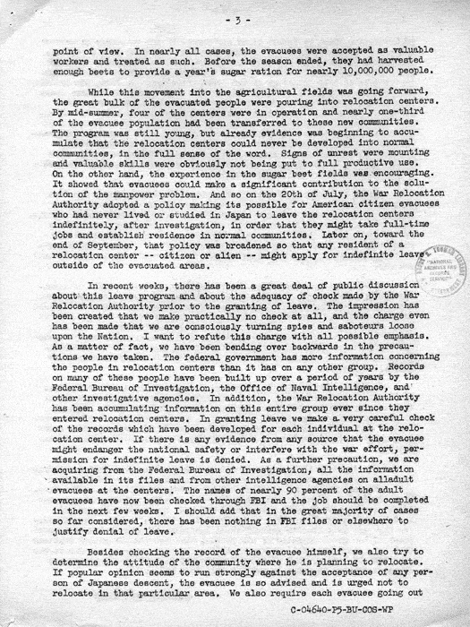 Speech, The Truth About Relocation, by Dillon S. Myer to the Commonwealth Club in San Francisco, August 6, 1943. Papers of Dillon S. Myer. 