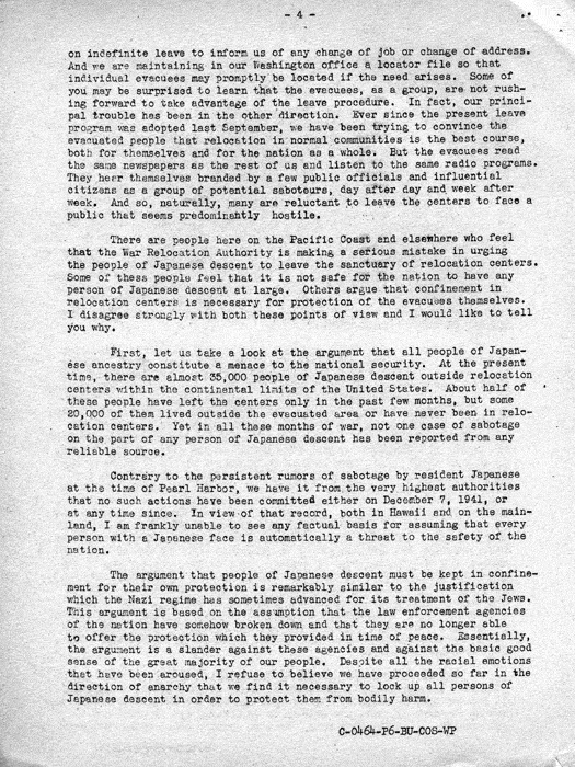 Speech, The Truth About Relocation, by Dillon S. Myer to the Commonwealth Club in San Francisco, August 6, 1943. Papers of Dillon S. Myer. 