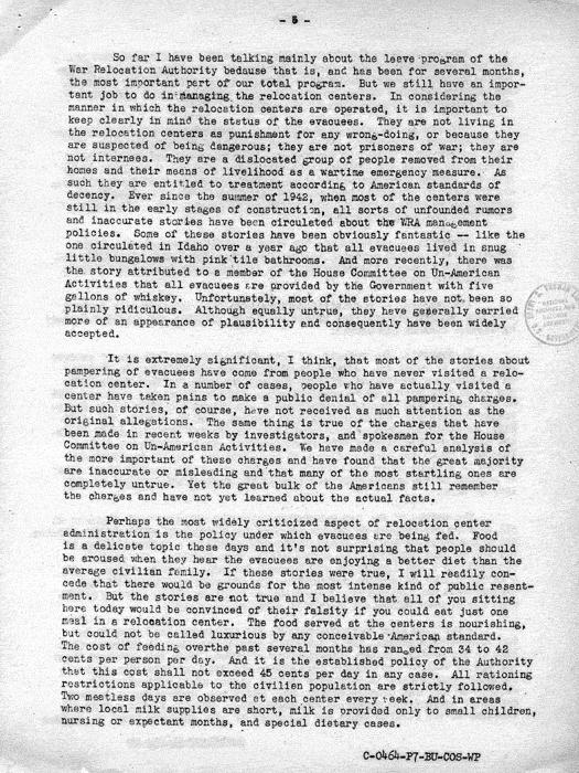 Speech, The Truth About Relocation, by Dillon S. Myer to the Commonwealth Club in San Francisco, August 6, 1943. Papers of Dillon S. Myer. 