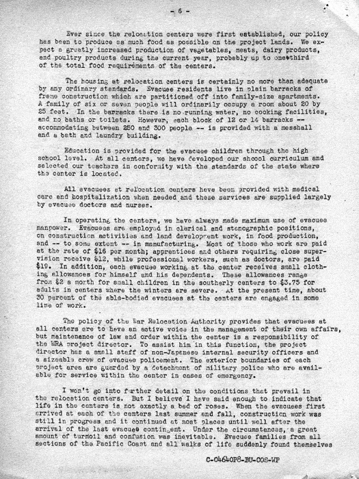 Speech, The Truth About Relocation, by Dillon S. Myer to the Commonwealth Club in San Francisco, August 6, 1943. Papers of Dillon S. Myer. 