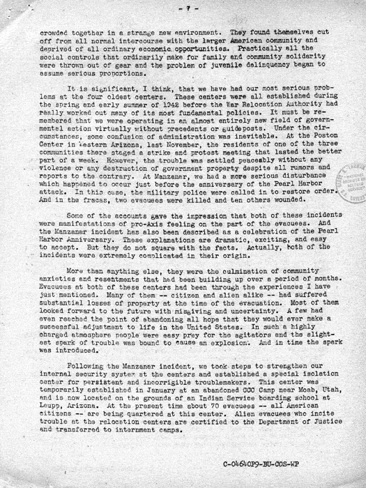 Speech, The Truth About Relocation, by Dillon S. Myer to the Commonwealth Club in San Francisco, August 6, 1943. Papers of Dillon S. Myer. 