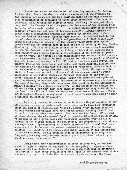 Speech, The Truth About Relocation, by Dillon S. Myer to the Commonwealth Club in San Francisco, August 6, 1943. Papers of Dillon S. Myer. 