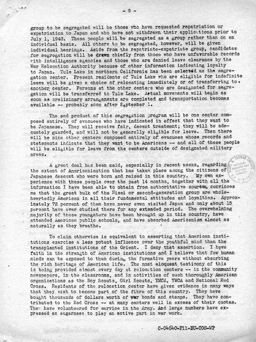 Speech, The Truth About Relocation, by Dillon S. Myer to the Commonwealth Club in San Francisco, August 6, 1943. Papers of Dillon S. Myer. 