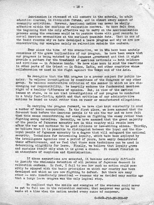 Speech, The Truth About Relocation, by Dillon S. Myer to the Commonwealth Club in San Francisco, August 6, 1943. Papers of Dillon S. Myer. 