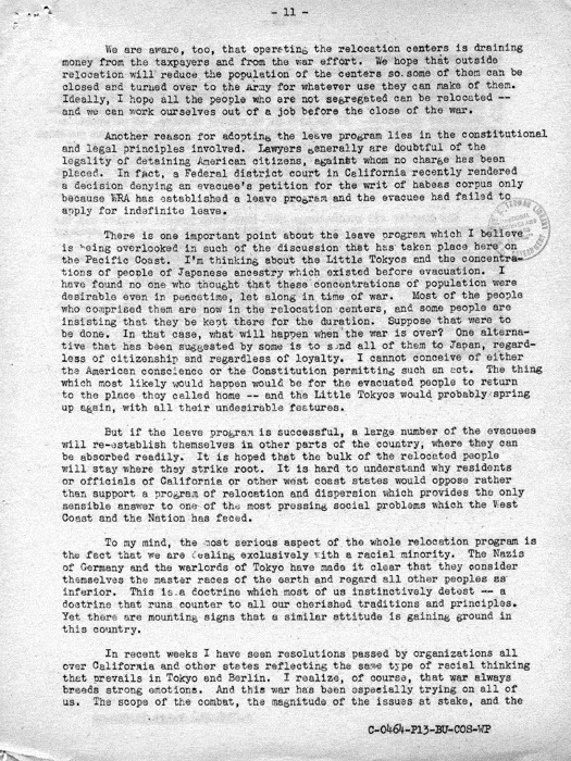 Speech, The Truth About Relocation, by Dillon S. Myer to the Commonwealth Club in San Francisco, August 6, 1943. Papers of Dillon S. Myer. 