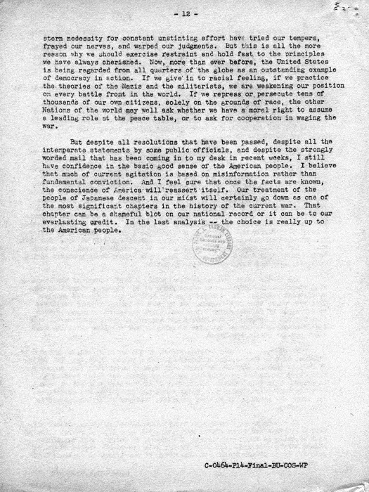 Speech, The Truth About Relocation, by Dillon S. Myer to the Commonwealth Club in San Francisco, August 6, 1943. Papers of Dillon S. Myer. 