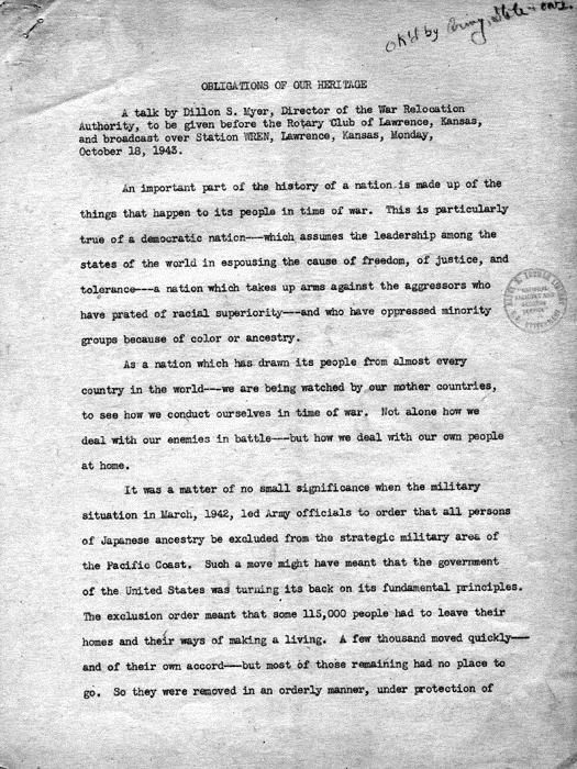 Speech, Obligations of Our Heritage, by Dillon S. Myer to the Rotary Club of Lawrence, Kansas, October 18, 1943. Papers of Dillon S. Myer. 