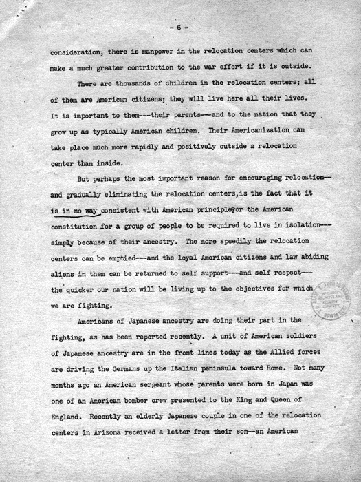 Speech, Obligations of Our Heritage, by Dillon S. Myer to the Rotary Club of Lawrence, Kansas, October 18, 1943. Papers of Dillon S. Myer. 