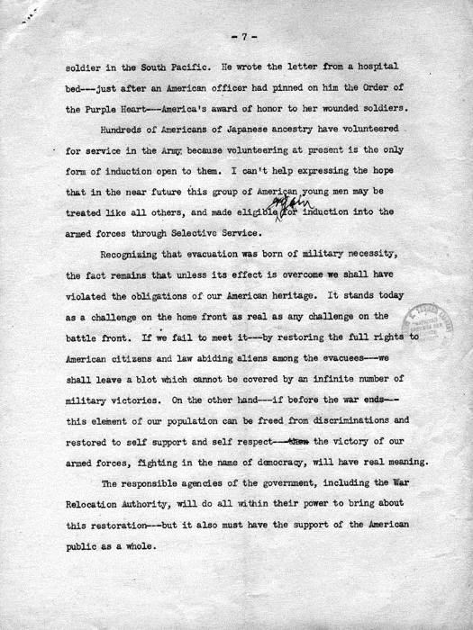 Speech, Obligations of Our Heritage, by Dillon S. Myer to the Rotary Club of Lawrence, Kansas, October 18, 1943. Papers of Dillon S. Myer. 