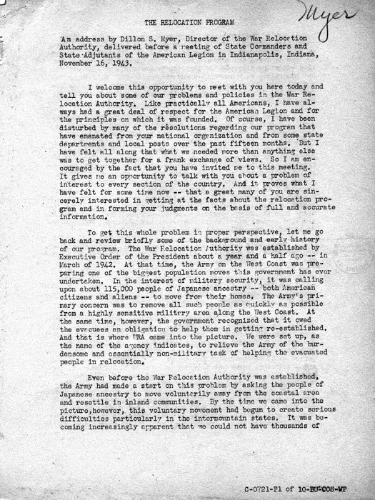 Speech transcript, The Relocation Program, by Dillon S. Myer to a meeting of State Commanders and State Adjutants of the American Legion in Indianapolis, Indiana, November 16, 1943. Papers of Dillon S. Myer.