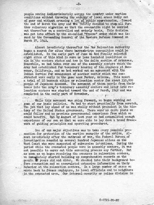 Speech transcript, The Relocation Program, by Dillon S. Myer to a meeting of State Commanders and State Adjutants of the American Legion in Indianapolis, Indiana, November 16, 1943. Papers of Dillon S. Myer.