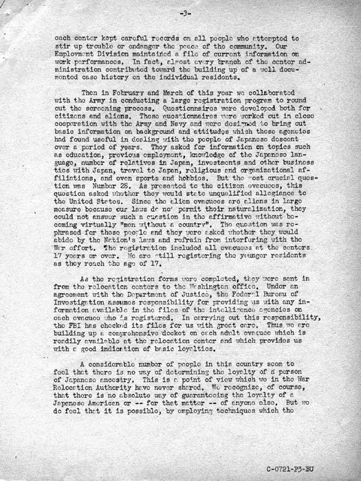 Speech transcript, The Relocation Program, by Dillon S. Myer to a meeting of State Commanders and State Adjutants of the American Legion in Indianapolis, Indiana, November 16, 1943. Papers of Dillon S. Myer.