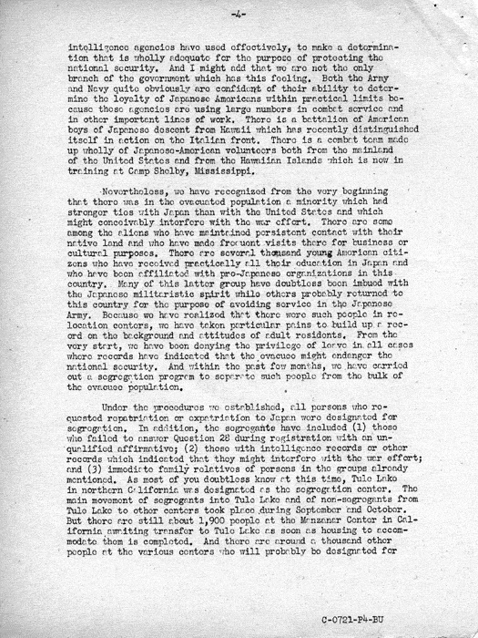 Speech transcript, The Relocation Program, by Dillon S. Myer to a meeting of State Commanders and State Adjutants of the American Legion in Indianapolis, Indiana, November 16, 1943. Papers of Dillon S. Myer.