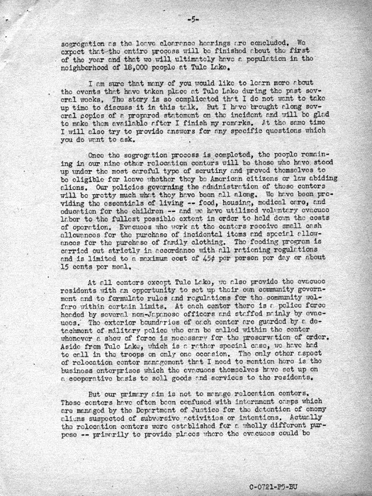 Speech transcript, The Relocation Program, by Dillon S. Myer to a meeting of State Commanders and State Adjutants of the American Legion in Indianapolis, Indiana, November 16, 1943. Papers of Dillon S. Myer.