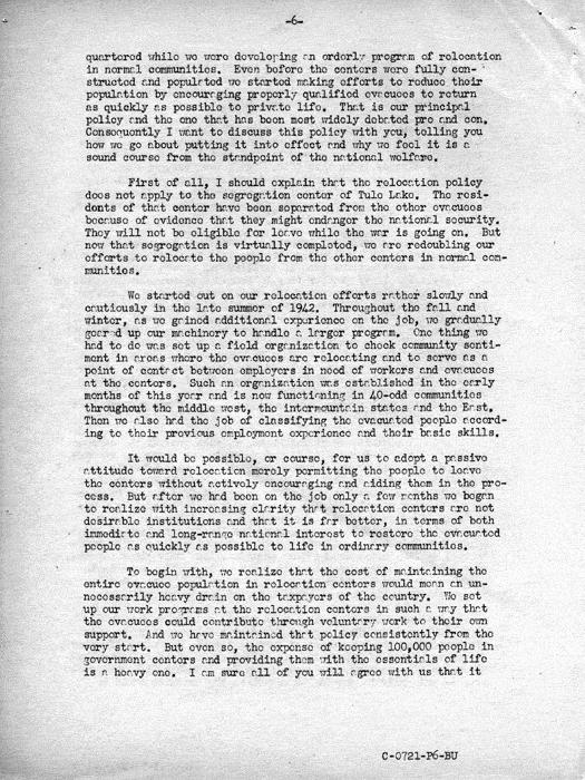 Speech transcript, The Relocation Program, by Dillon S. Myer to a meeting of State Commanders and State Adjutants of the American Legion in Indianapolis, Indiana, November 16, 1943. Papers of Dillon S. Myer.