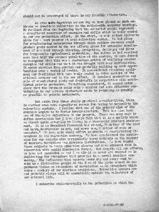 Speech transcript, The Relocation Program, by Dillon S. Myer to a meeting of State Commanders and State Adjutants of the American Legion in Indianapolis, Indiana, November 16, 1943. Papers of Dillon S. Myer.