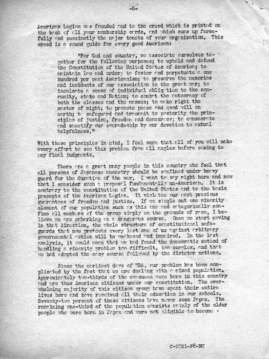 Speech transcript, The Relocation Program, by Dillon S. Myer to a meeting of State Commanders and State Adjutants of the American Legion in Indianapolis, Indiana, November 16, 1943. Papers of Dillon S. Myer.