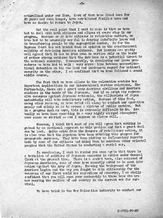 Speech transcript, The Relocation Program, by Dillon S. Myer to a meeting of State Commanders and State Adjutants of the American Legion in Indianapolis, Indiana, November 16, 1943. Papers of Dillon S. Myer.