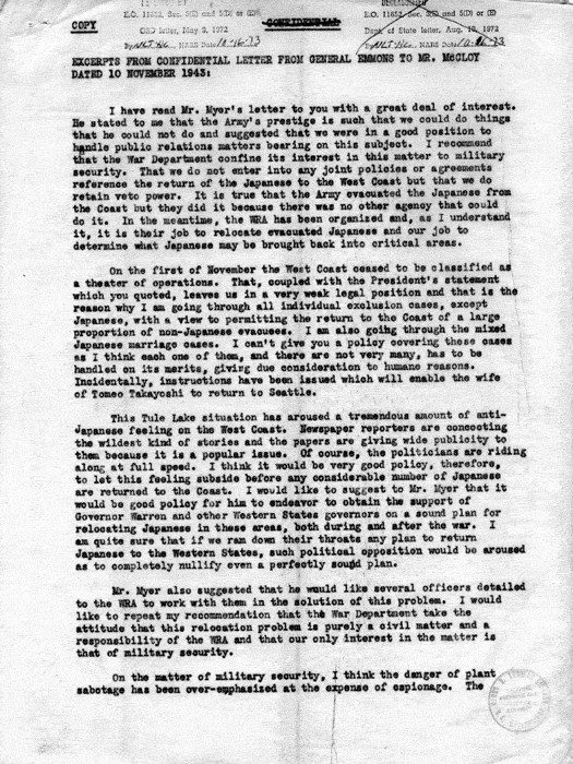 Letter, John M. Hall to Dillon S. Myer, November 19, 1943; with attachment, Excerpts from Confidential Letter from General Emmons to Mr. McCloy, Dated 10 November 1943. Papers of Dillon S. Myer. 