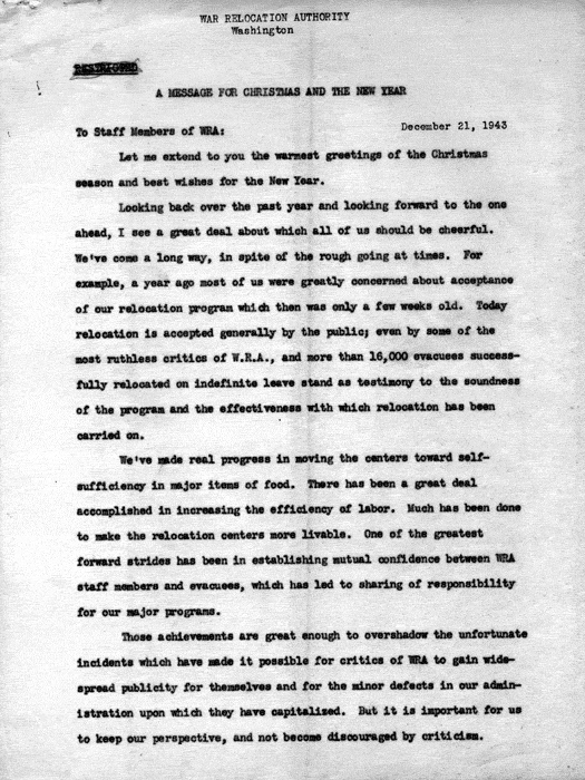 Memorandum, Dillon S. Myer to the staff of the War Relocation Authority, A Message for Christmas and the New Year, December 21, 1943. Papers of Dillon S. Myer. 