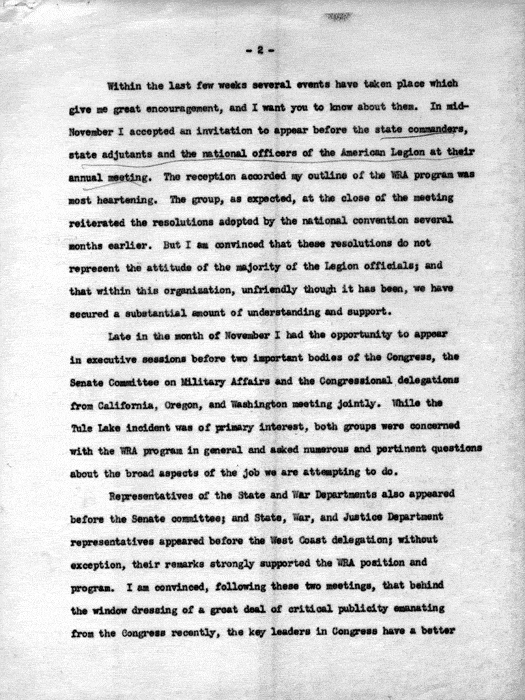 Memorandum, Dillon S. Myer to the staff of the War Relocation Authority, A Message for Christmas and the New Year, December 21, 1943. Papers of Dillon S. Myer. 