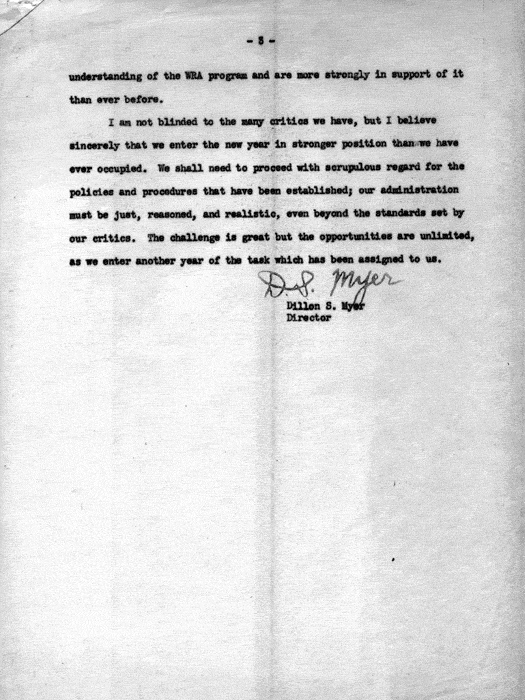 Memorandum, Dillon S. Myer to the staff of the War Relocation Authority, A Message for Christmas and the New Year, December 21, 1943. Papers of Dillon S. Myer. 