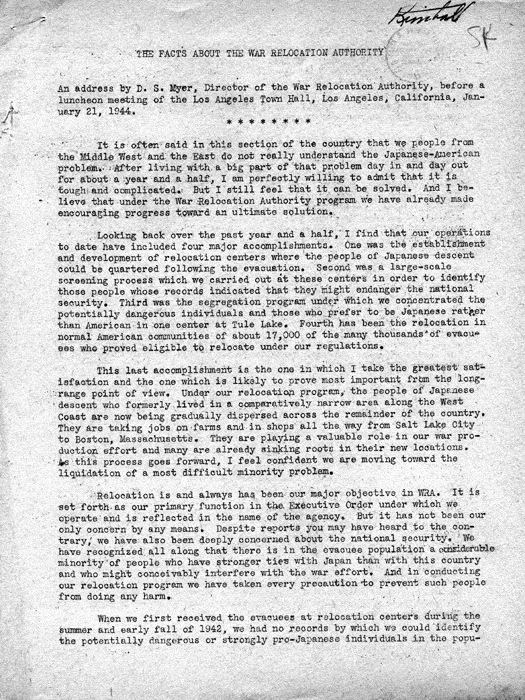 Speech, The Facts About the War Relocation Authority, by Dillon S. Myer, to a meeting of the Los Angeles, California Town Hall, January 21, 1944. Papers of Dillon S. Myer.