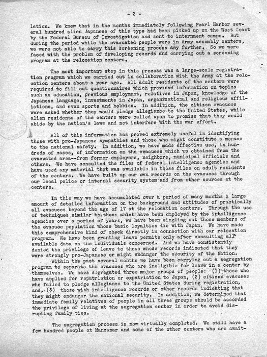 Speech, The Facts About the War Relocation Authority, by Dillon S. Myer, to a meeting of the Los Angeles, California Town Hall, January 21, 1944. Papers of Dillon S. Myer.