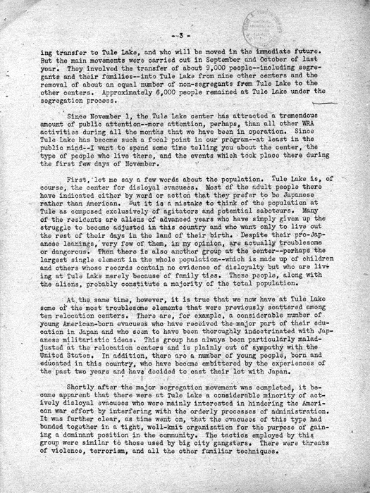 Speech, The Facts About the War Relocation Authority, by Dillon S. Myer, to a meeting of the Los Angeles, California Town Hall, January 21, 1944. Papers of Dillon S. Myer.