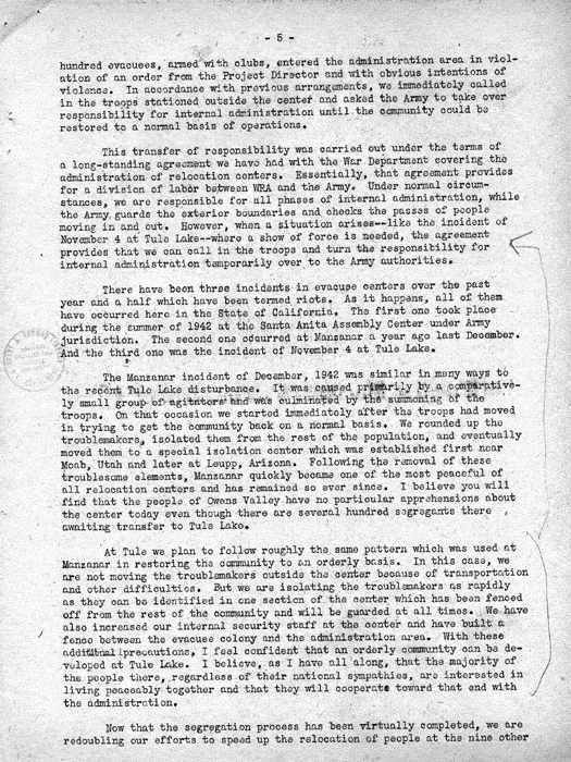 Speech, The Facts About the War Relocation Authority, by Dillon S. Myer, to a meeting of the Los Angeles, California Town Hall, January 21, 1944. Papers of Dillon S. Myer.