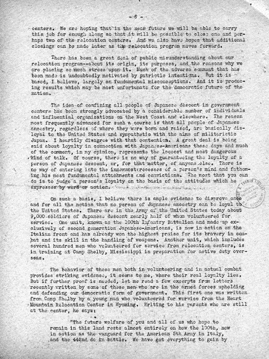 Speech, The Facts About the War Relocation Authority, by Dillon S. Myer, to a meeting of the Los Angeles, California Town Hall, January 21, 1944. Papers of Dillon S. Myer.