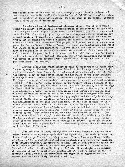 Speech, The Facts About the War Relocation Authority, by Dillon S. Myer, to a meeting of the Los Angeles, California Town Hall, January 21, 1944. Papers of Dillon S. Myer.