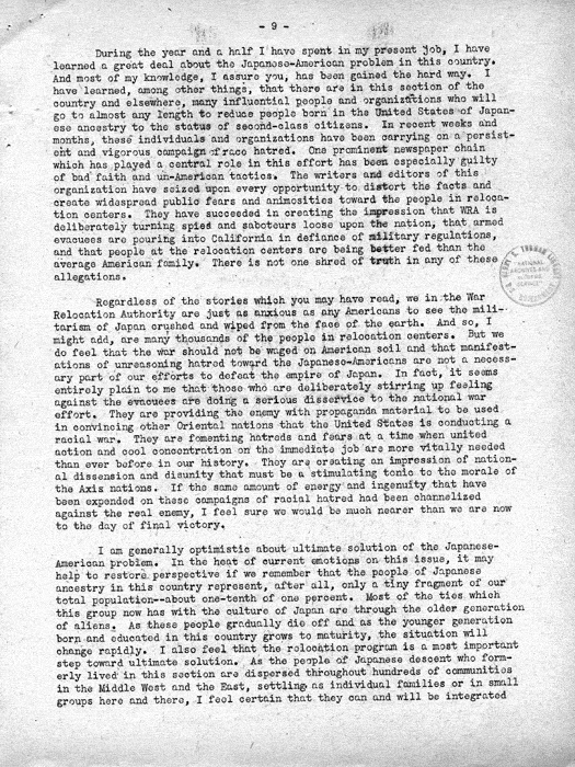 Speech, The Facts About the War Relocation Authority, by Dillon S. Myer, to a meeting of the Los Angeles, California Town Hall, January 21, 1944. Papers of Dillon S. Myer.