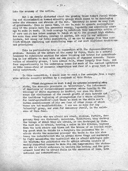 Speech, The Facts About the War Relocation Authority, by Dillon S. Myer, to a meeting of the Los Angeles, California Town Hall, January 21, 1944. Papers of Dillon S. Myer.