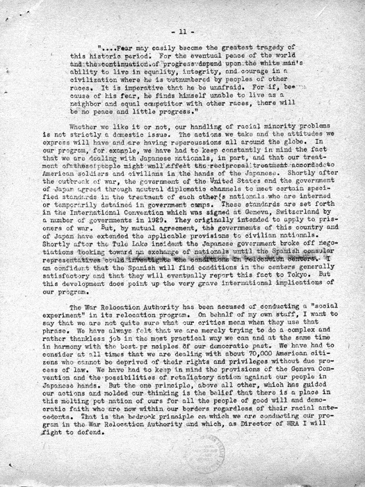Speech, The Facts About the War Relocation Authority, by Dillon S. Myer, to a meeting of the Los Angeles, California Town Hall, January 21, 1944. Papers of Dillon S. Myer.