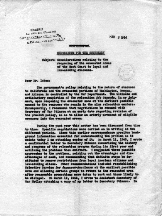 Memorandum, Dillon S. Myer to the Secretary of the Interior, March 6, 1944. Papers of Dillon S. Myer.