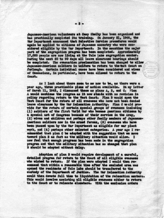 Memorandum, Dillon S. Myer to the Secretary of the Interior, March 6, 1944. Papers of Dillon S. Myer.