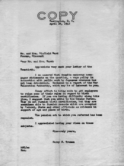 Letter, Harry S. Truman to Mr. and Mrs. Winfield Ward, April 28, 1942; with attachment, Mr. and Mrs. Winfield Ward to Harry S. Truman, April 20, 1942. Papers of Harry S. Truman: Papers as U. S. Senator and Vice President of the United States. 