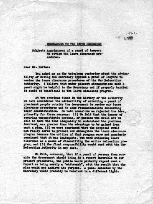 Memorandum, Dillon S. Myer to the Undersecretary of the Interior, March 8, 1944. Papers of Dillon S. Myer. 