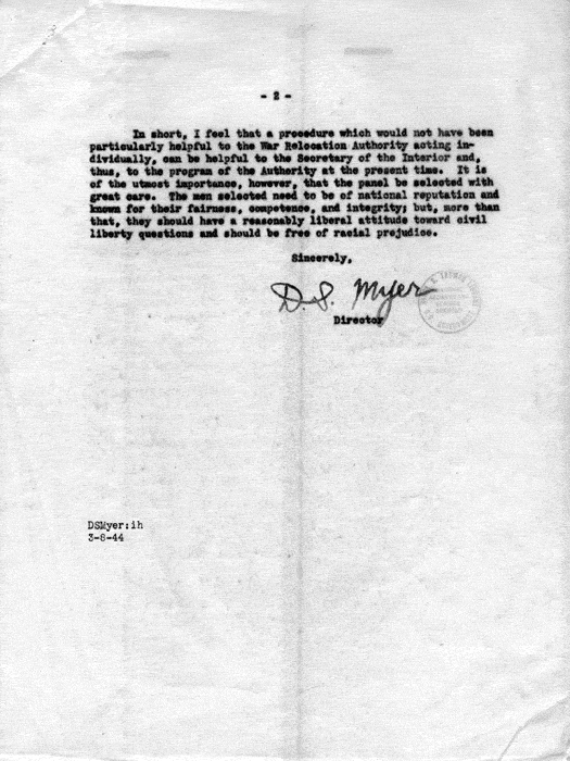Memorandum, Dillon S. Myer to the Undersecretary of the Interior, March 8, 1944. Papers of Dillon S. Myer. 