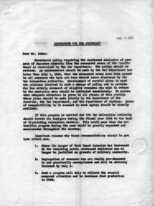 Memorandum, Dillon S. Myer to the Secretary of the Interior, March 9, 1944. Papers of Dillon S. Myer. 