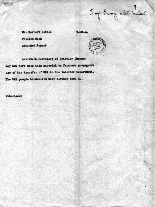 Memorandum, Philleo Nash to Herbert Little, March 20, 1944; with attachment, Japanese-Organized Broadcasts, February 28, 1944. Papers of Philleo Nash.