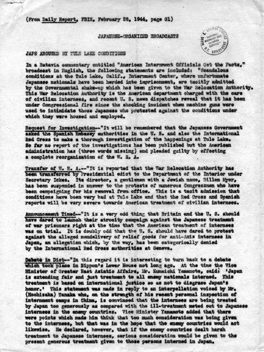 Memorandum, Philleo Nash to Herbert Little, March 20, 1944; with attachment, Japanese-Organized Broadcasts, February 28, 1944. Papers of Philleo Nash.