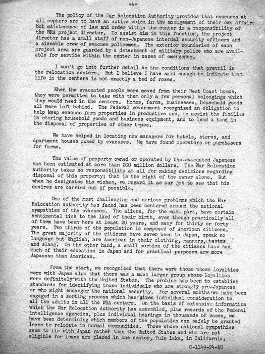 Speech, One Thousandth of the Nation, by Dillon S. Myer to a joint meeting of the civic organizations in Salt Lake City, Utah, March 23, 1944. Papers of Dillon S. Myer.
