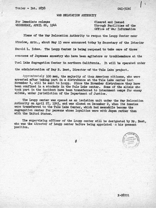 News release, Plans of the War Relocation Authority to reopen the Leupp Center..., April 26, 1944. Papers of Philleo Nash. 