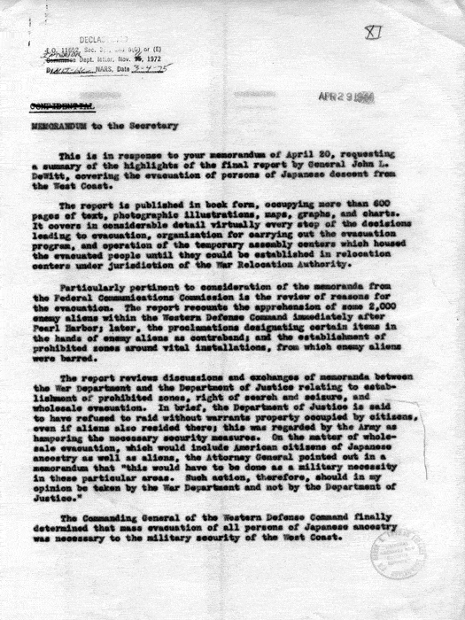Memorandum, Director [Dillon S. Myer] to the Secretary [of the Interior], [April 29, 1944]. Papers of Dillon S. Myer.