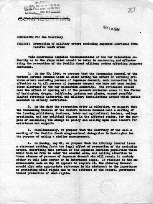 Memorandum, Dillon S. Myer to the Secretary of the Interior, May 10, 1944. Papers of Dillon S. Myer.